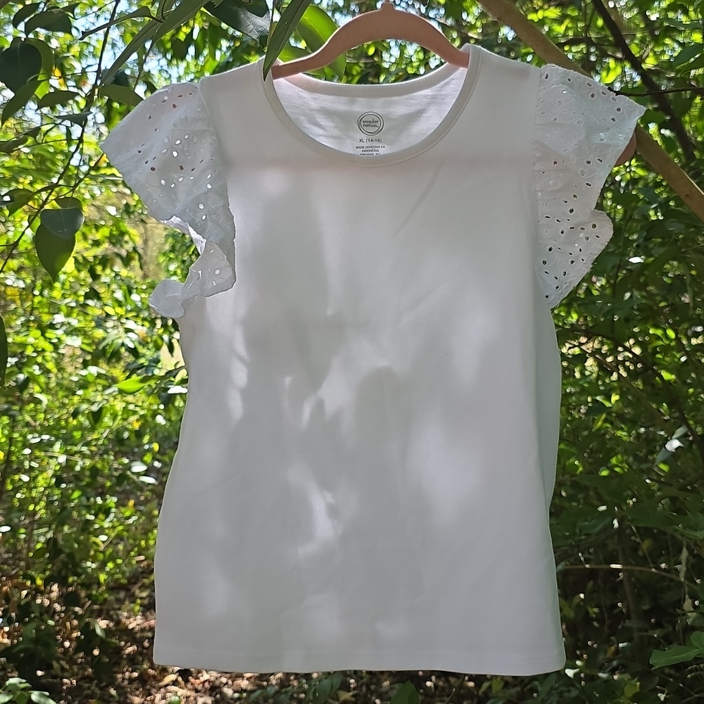 White Eyelet Sleeve Ruffle Tee - Picture 9 of 16